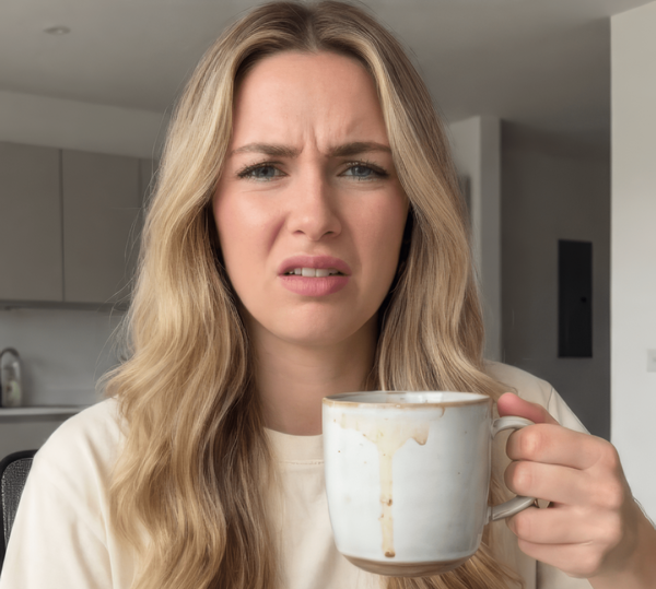 A young woman with long blonde hair sits indoors holding a dirty ceramic mug with coffee stains running down the side. She’s making a disgusted facial expression while looking directly at the camera. Above her, bold text reads “OFFICE COFFEE” followed by a nauseated face emoji.