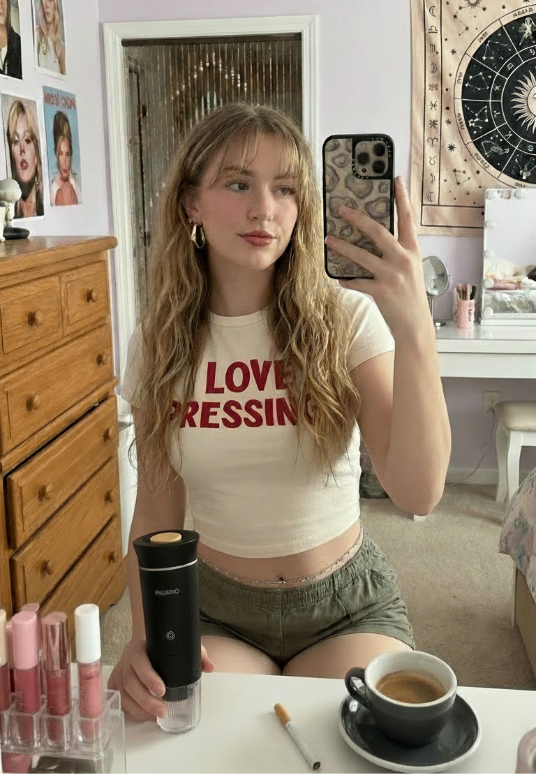 Woman taking a mirror selfie wearing a white t-shirt with 'LOVE PRESSING' text in a room.